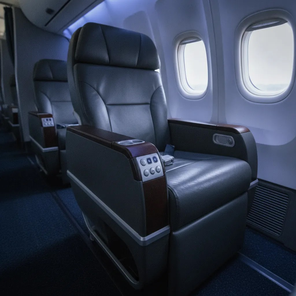 737 first class seats shown as domestic recliner seating rather than lie-flat suites