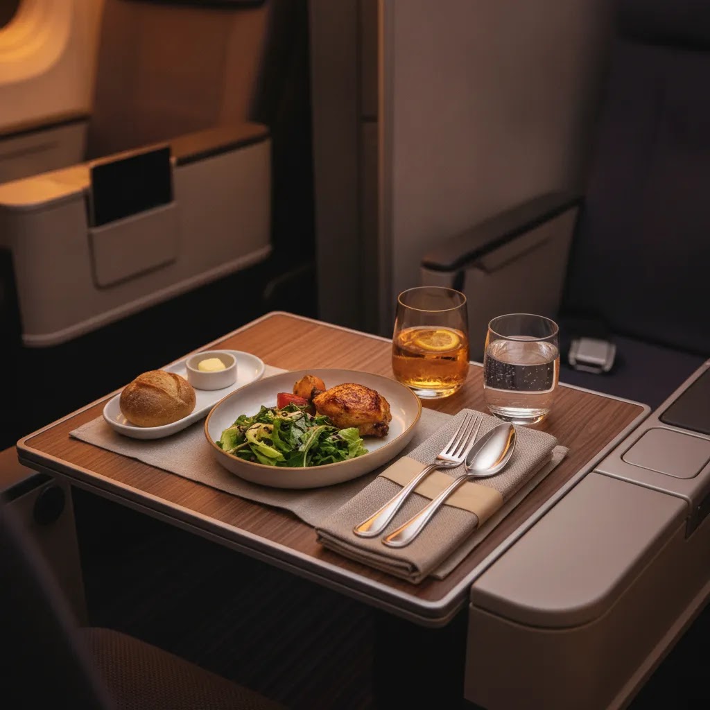 AA premium economy review image showing premium economy meal presentation and tray table space on a long-haul flight