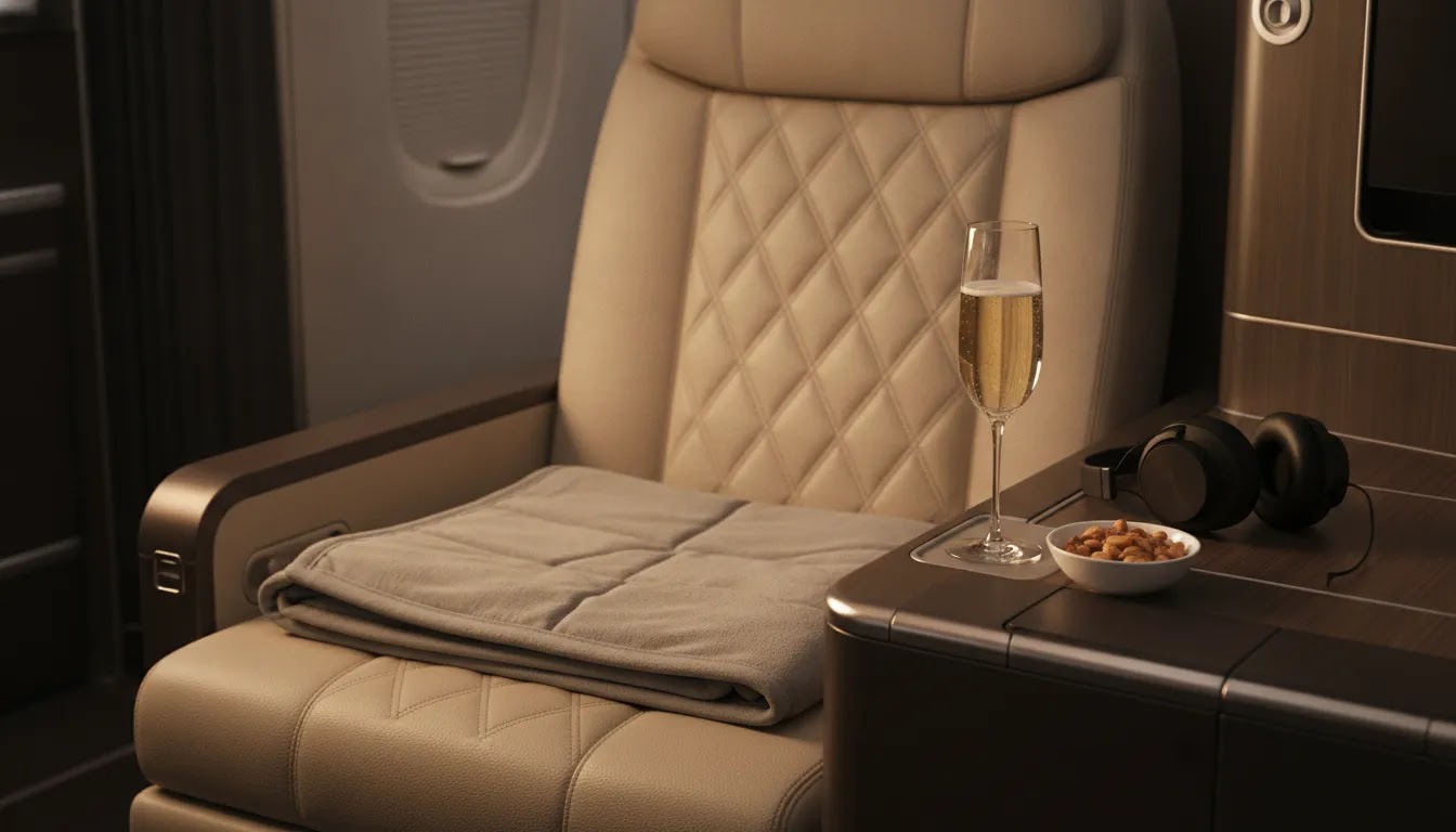 Air France business class deals illustrated with premium cabin comfort detail and tray table service