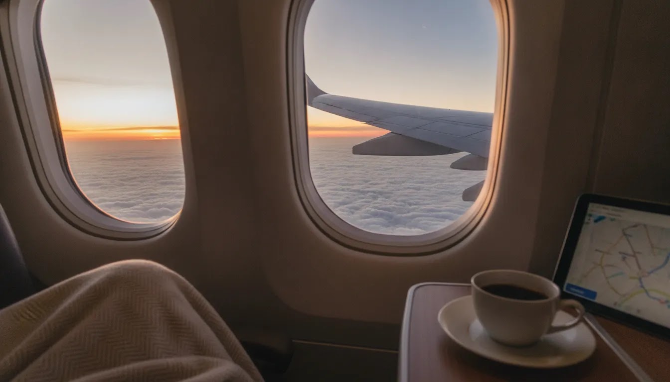 Air France deals transatlantic flight window view representing USA to Paris premium routing strategy