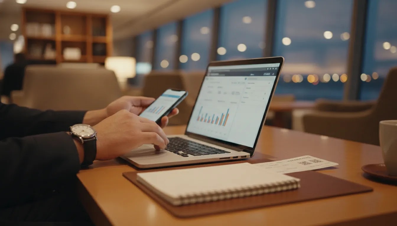Air France flight deals fare monitoring scene in an airport lounge with booking research setup