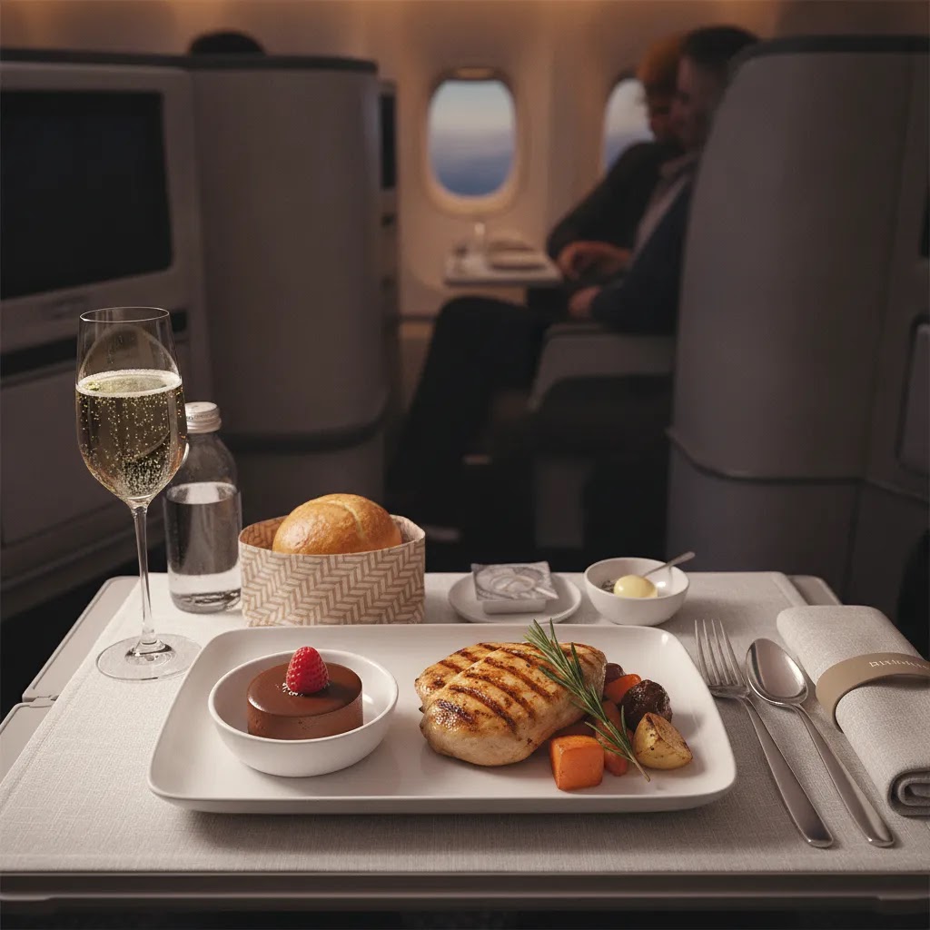 Air France premium economy review image of premium economy meal and drink service on a long-haul flight