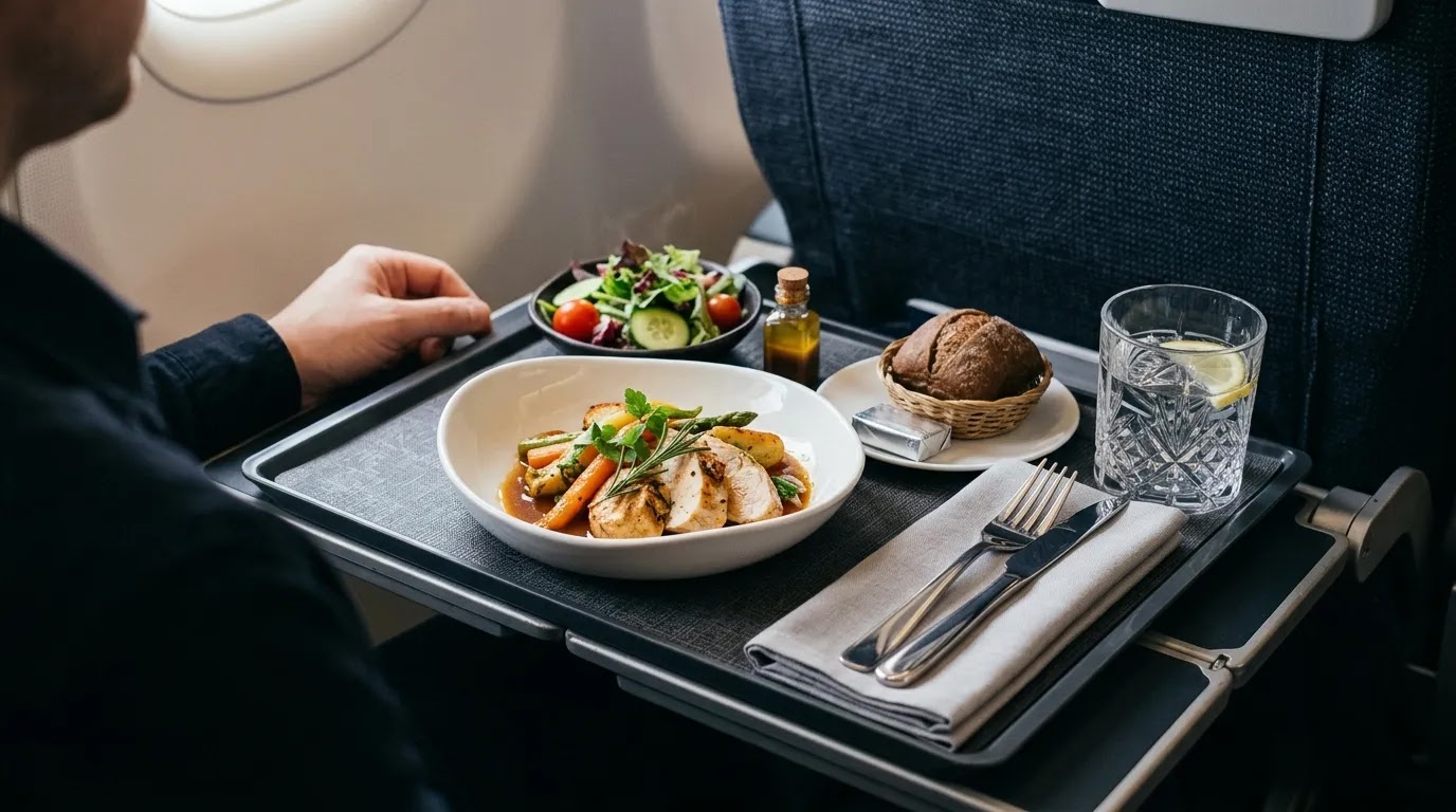 Air India Business Class dining and inflight service presentation on a premium long-haul flight.
