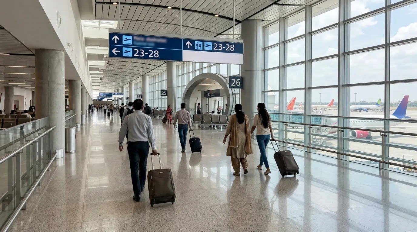 Air India Business Class connection experience in a modern Indian airport transfer concourse.
