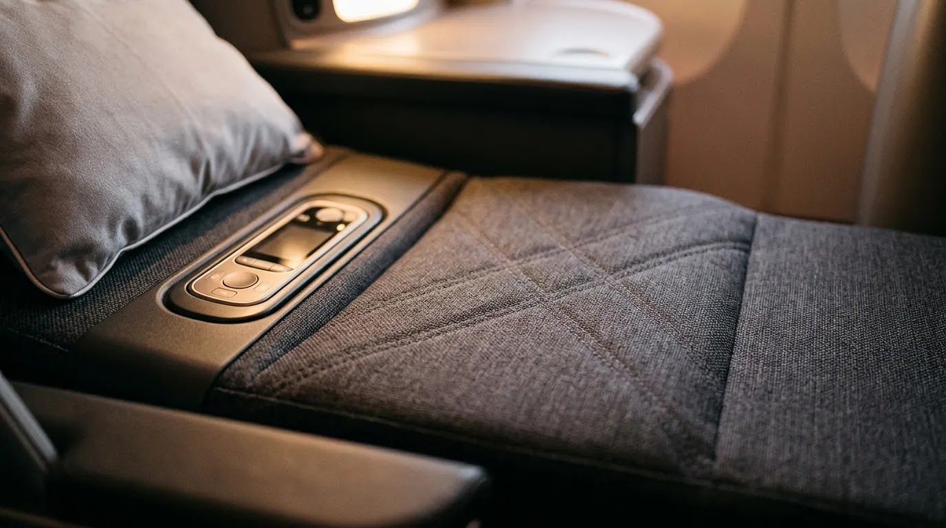 Air India Business Class seat comfort detail showing a modern lie-flat seat surface and premium cabin materials.