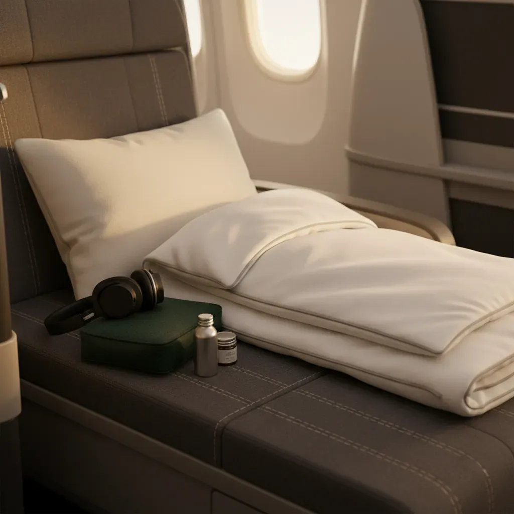 Air New Zealand business class style cabin detail with lie-flat seat and premium meal service