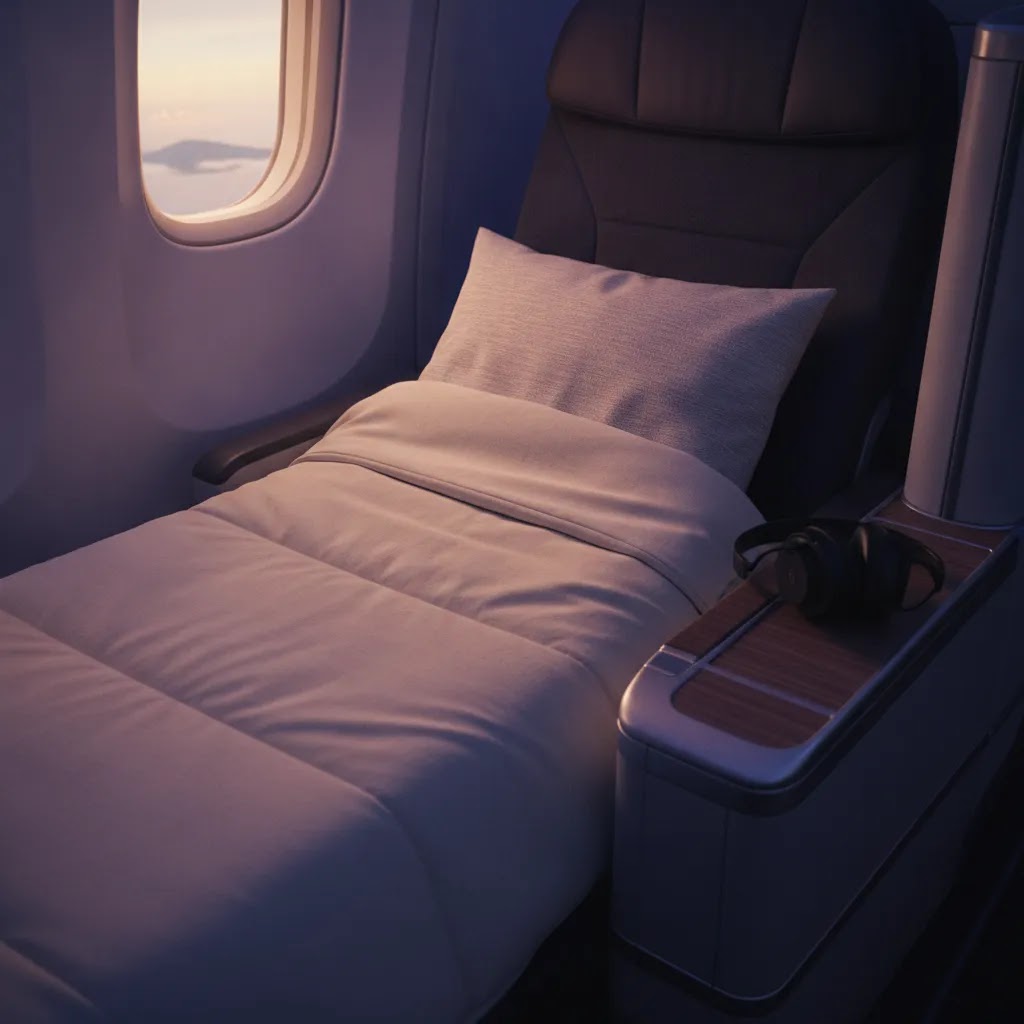 Air New Zealand premium economy review image showing sleep comfort and overnight recline setup on a long-haul flight