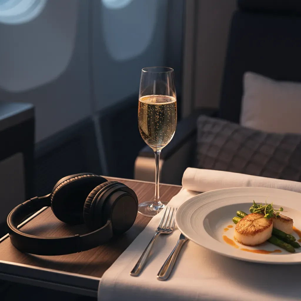 Air Tahiti Nui business class style cabin with lie-flat seat and premium inflight dining