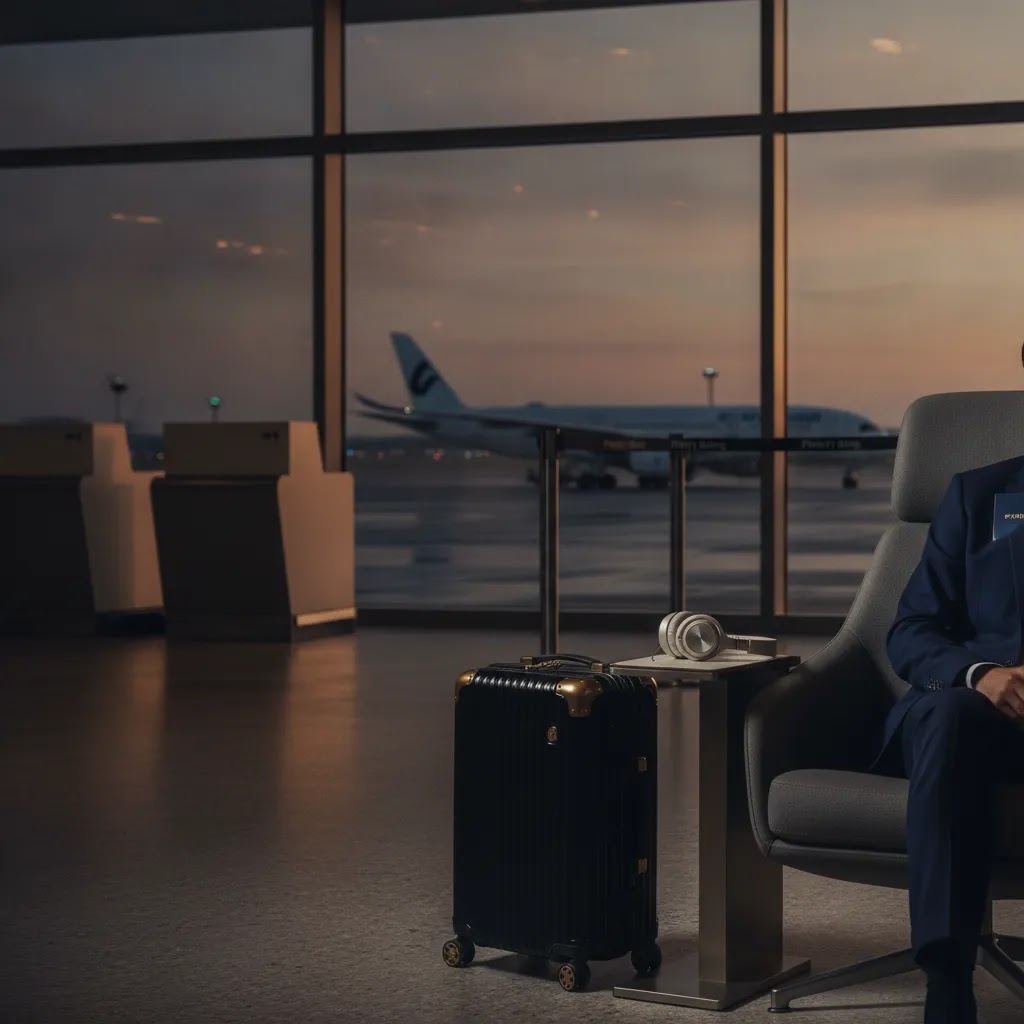 Air Tahiti Nui premium economy airport departure scene with carry-on luggage and terminal runway view
