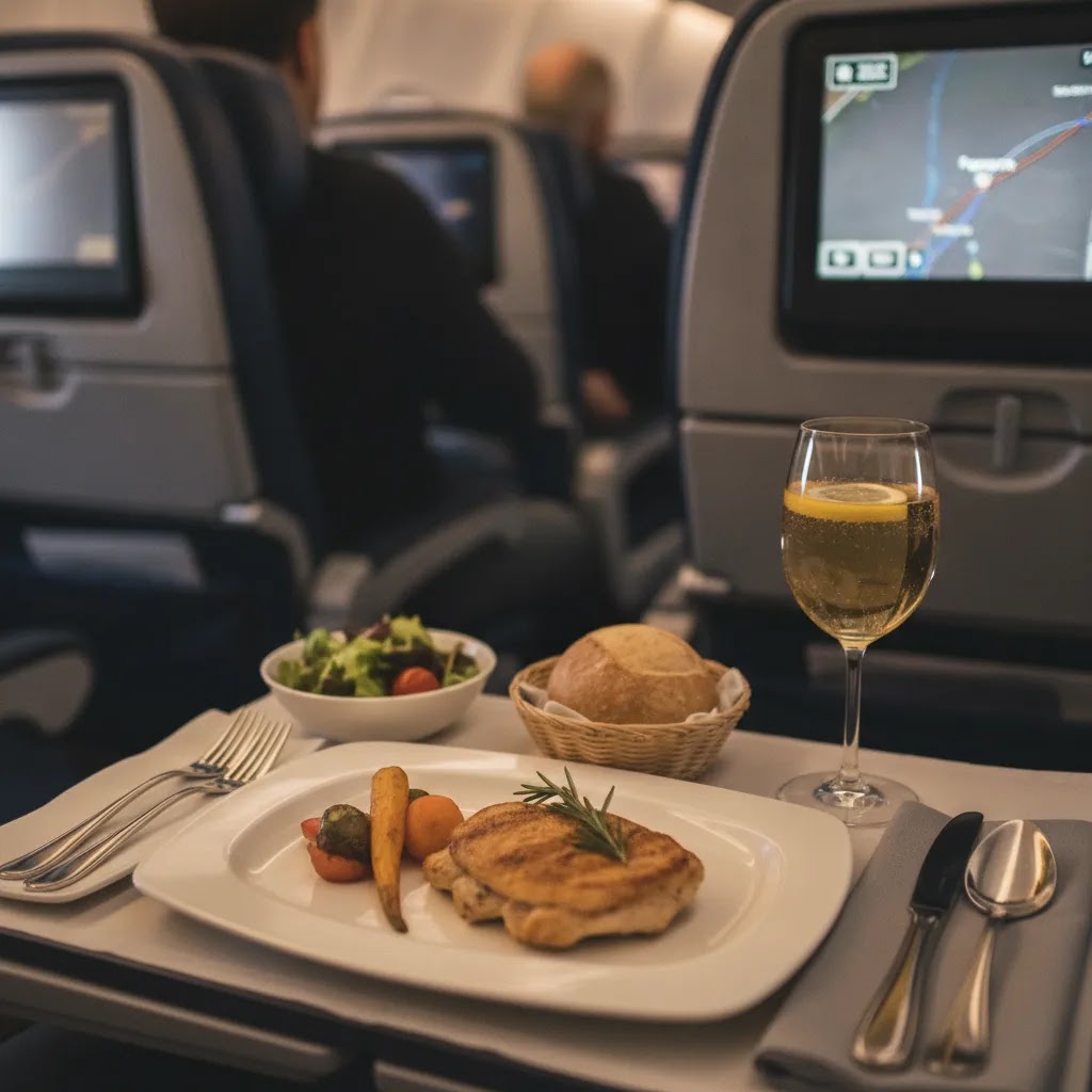 Air Tahiti Nui premium economy review image of onboard meal service and tray table presentation