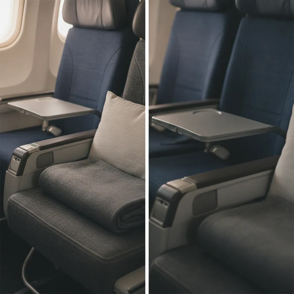 Air Tahiti Nui premium economy vs economy detail showing upgraded seat materials and comfort differences