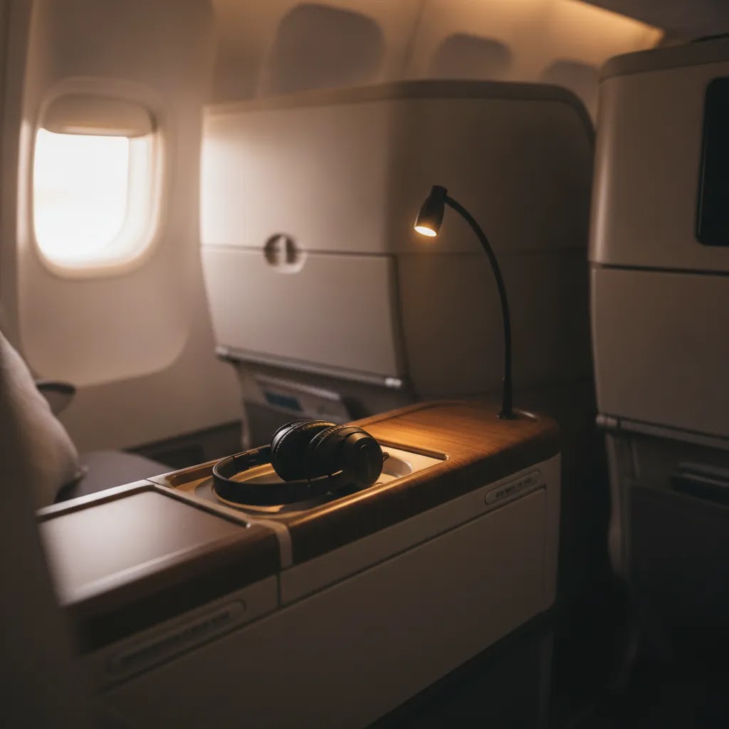 Airbus A330-300 business class seat selection detail showing storage and comfort features