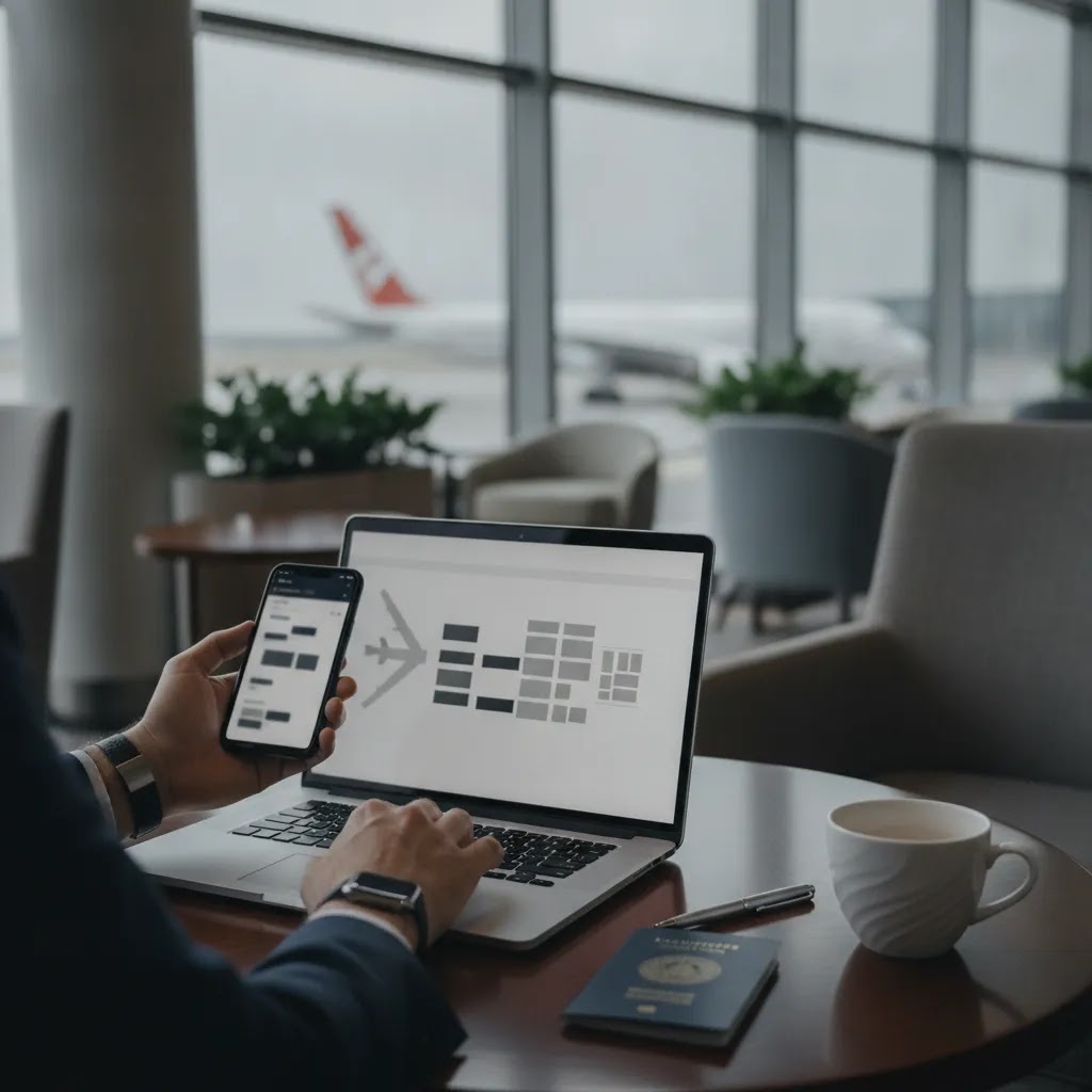 Traveler researching Airbus A330 business class seats and seat map before booking