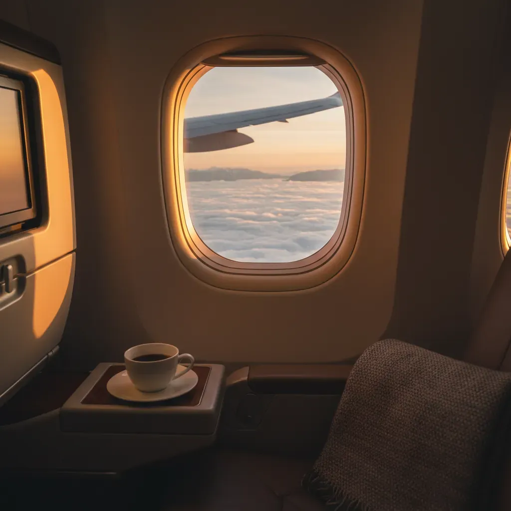 Business class flights to Geneva and Zurich with wing view at sunrise and premium cabin comfort detail