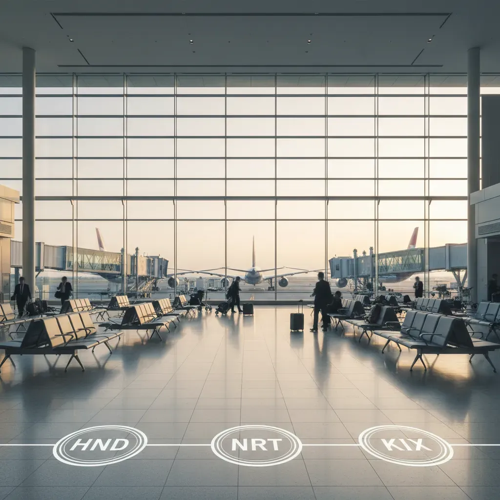 Tokyo business class flights shown through a premium international airport arrival terminal scene