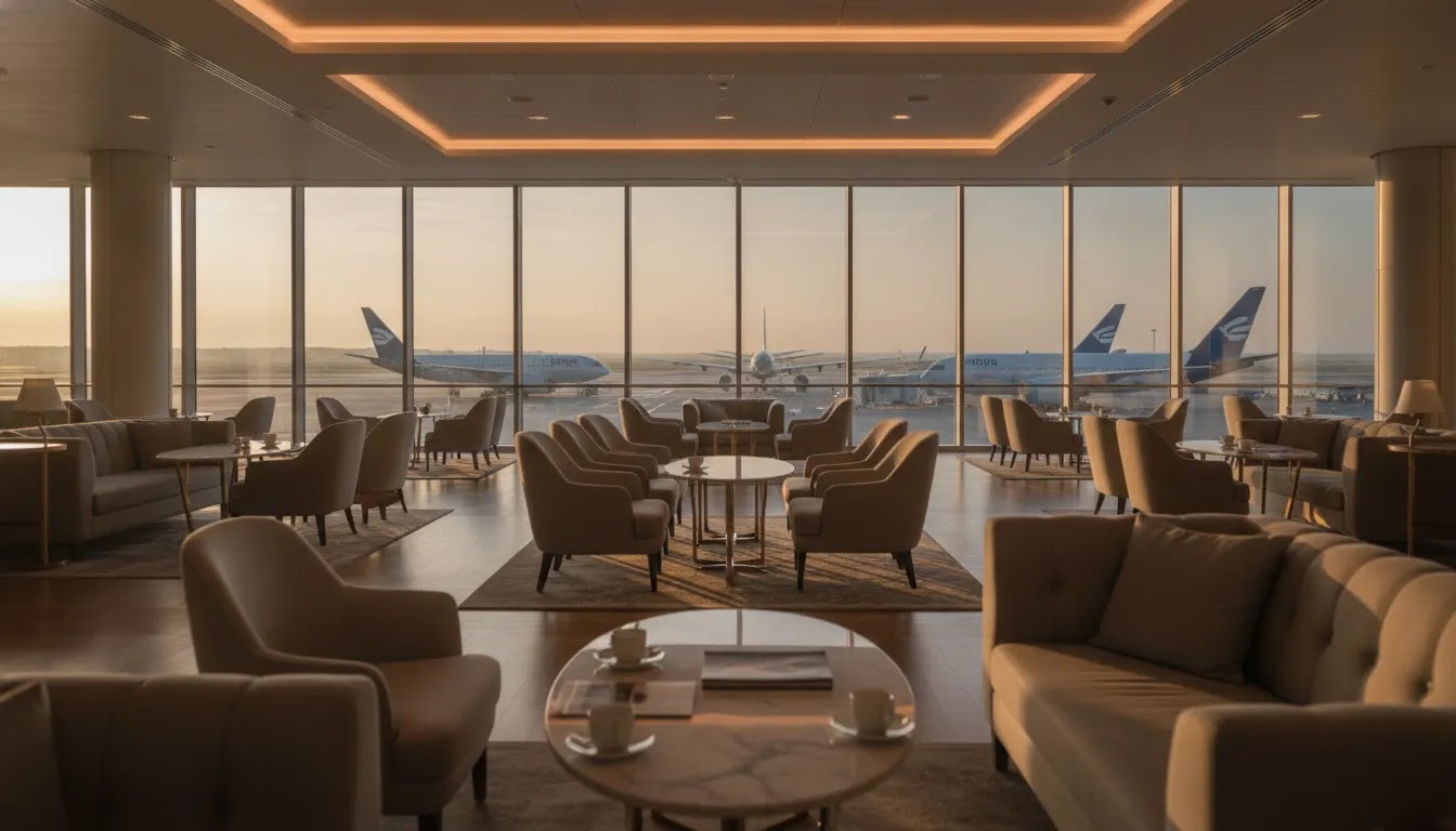 Which airlines have business class image showing an international airport lounge and multiple aircraft at gates