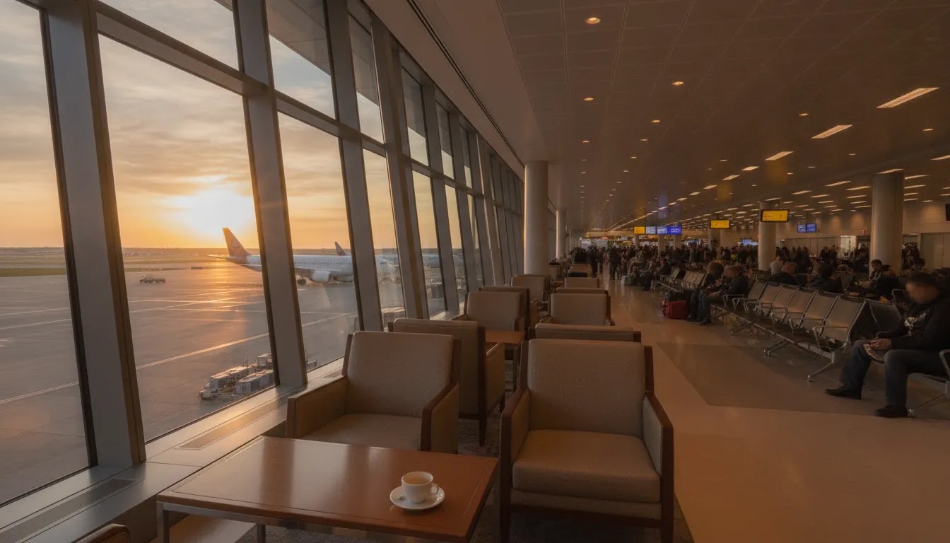 Airport experience difference in business class vs premium economy before a long-haul flight