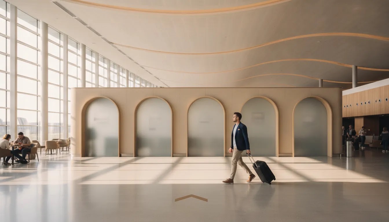 Airport lounge business class navigation through a modern departure terminal