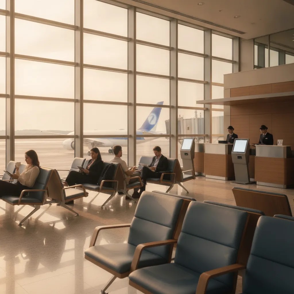 ANA premium economy review view of premium airport departure experience for Japan routes in a modern international terminal