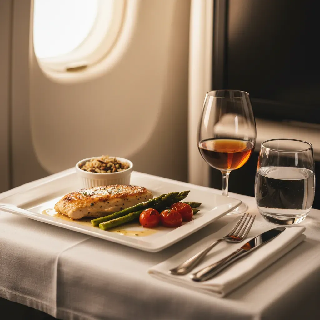 American Airlines first class meals and drinks presented on a spacious tray table in a premium cabin setting