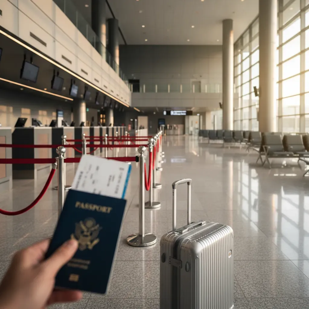 American Airlines first class perks illustrated through a premium airport check-in and priority boarding experience