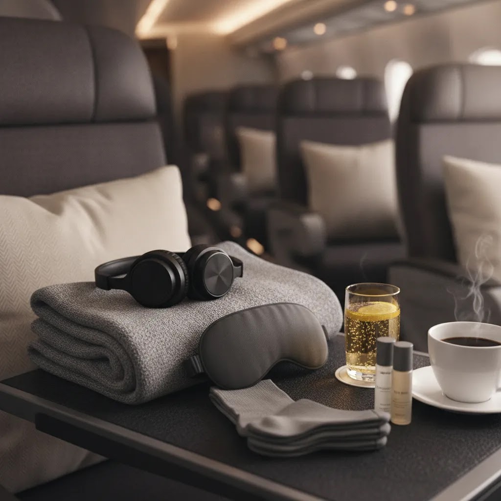 American Airlines premium economy review amenities image showing blanket, headphones, pillow, and onboard comfort details