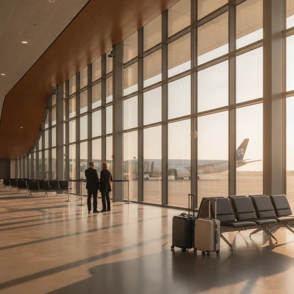 American Airlines premium economy review image of a realistic international airport gate and boarding environment