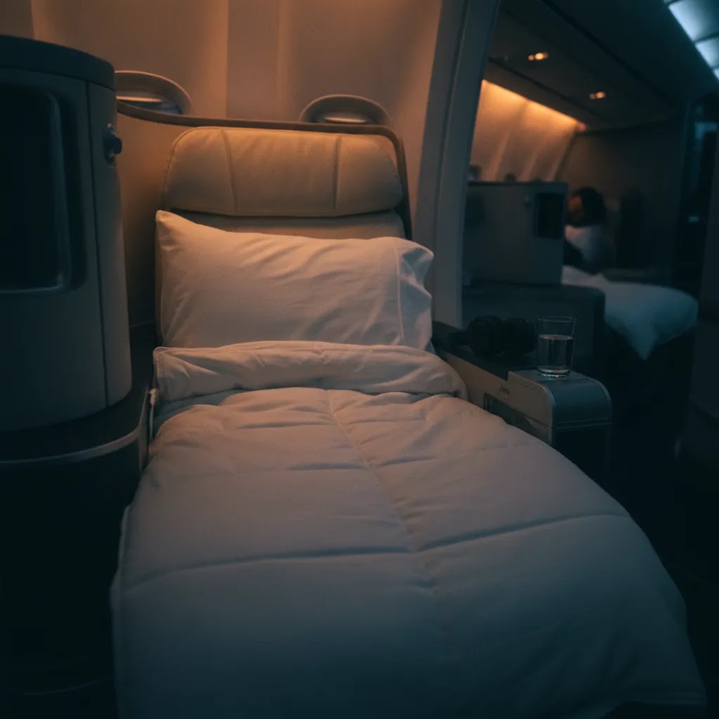 ANA premium economy review sleep comfort detail with pillow, blanket and headphones on an overnight Japan flight