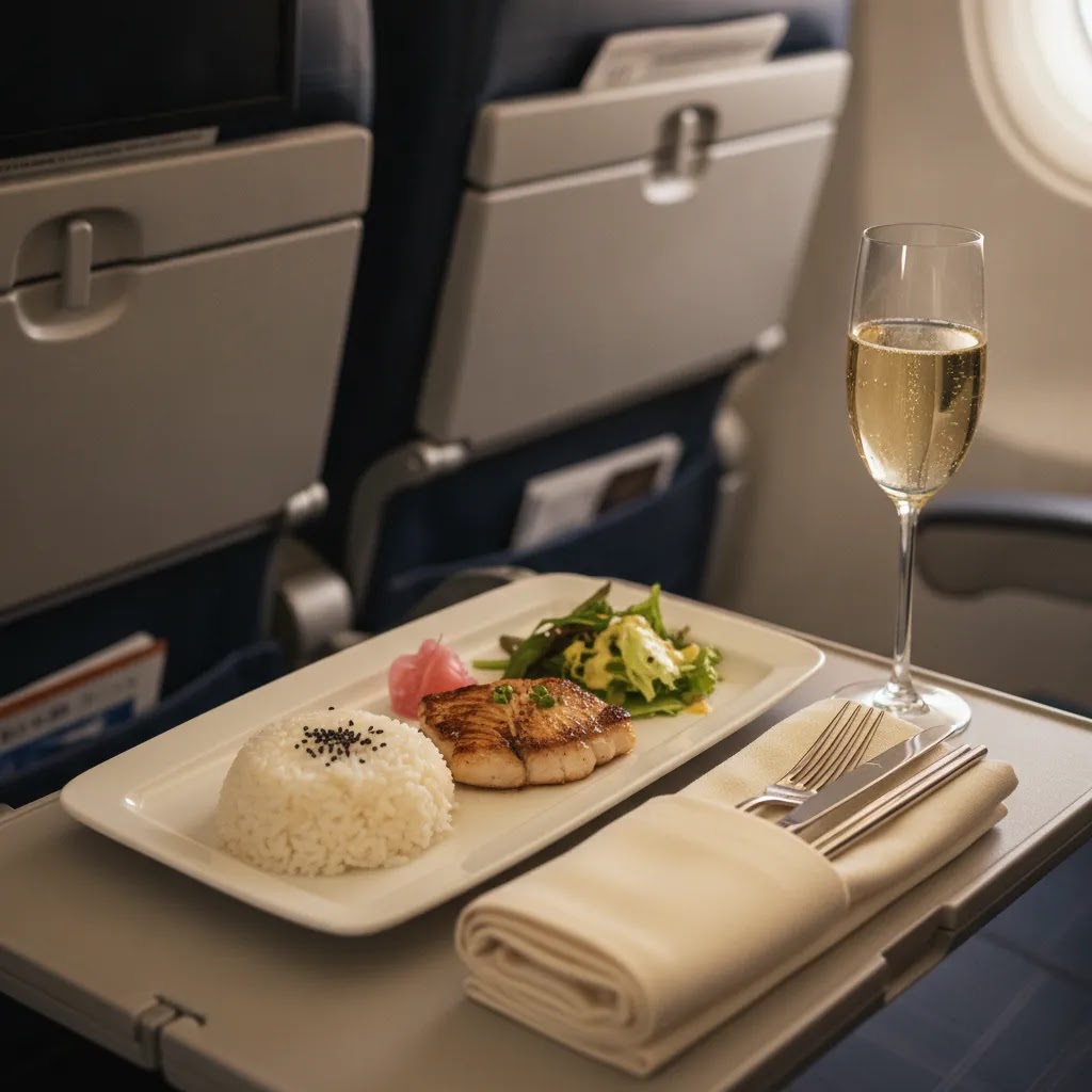 ANA premium economy review meal service detail showing upgraded dining presentation on a Japan long-haul flight