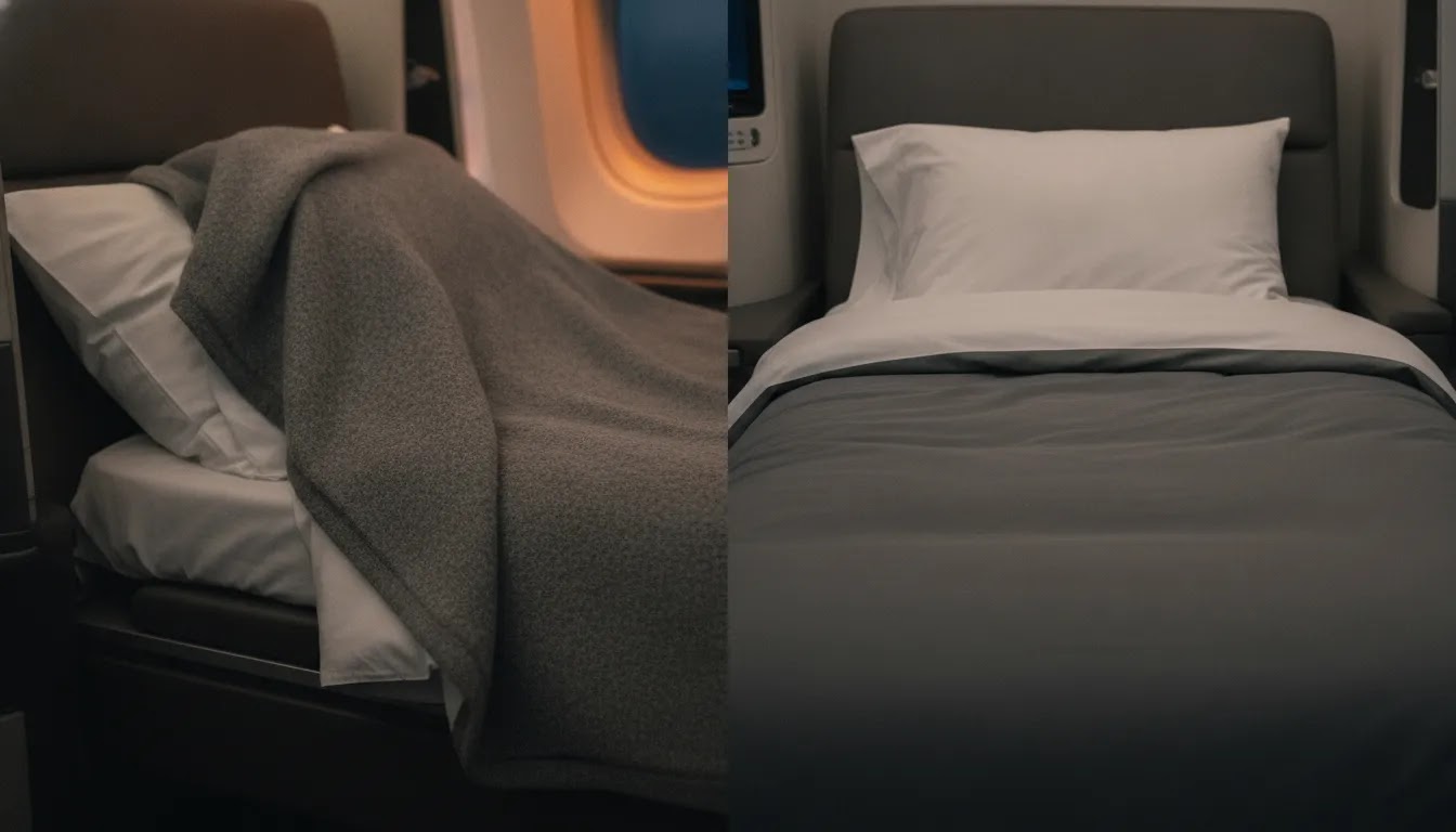 Angle flat versus fully lie flat business class seat comparison showing sleep comfort differences