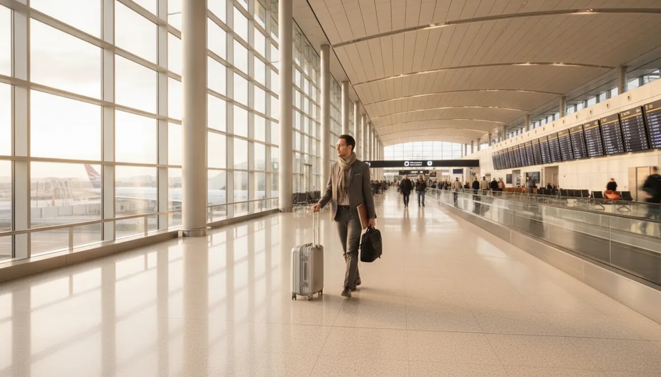 Around the world airline tickets business class terminal transfer scene with premium carry-on and international airport atmosphere