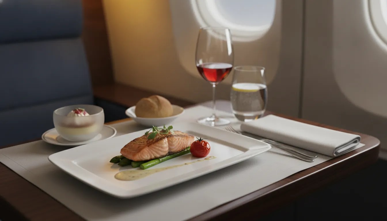 How much does business class cost visual showing premium onboard dining and service details