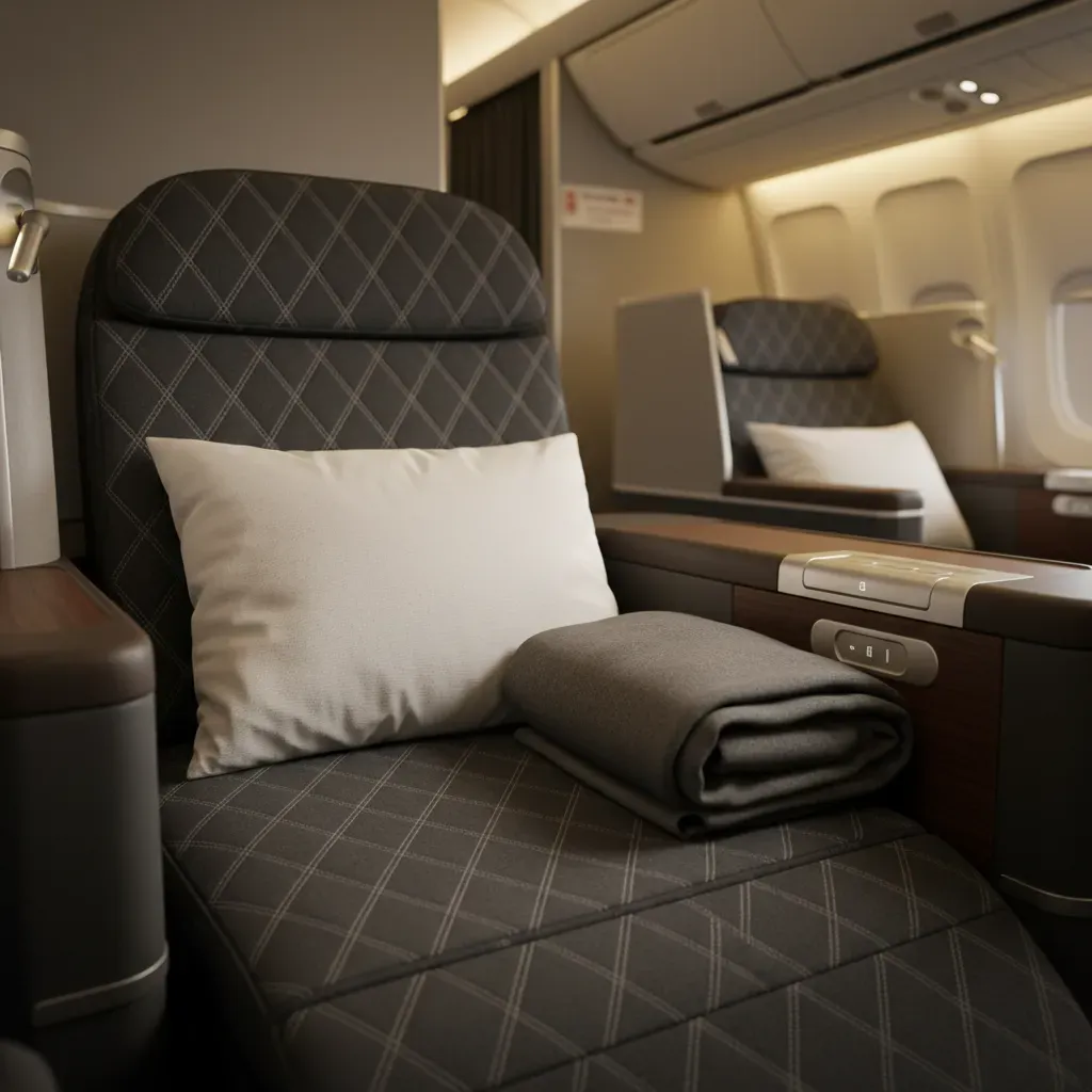 Lie-flat style business class to Reykjavik seat detail with premium bedding and soft cabin lighting