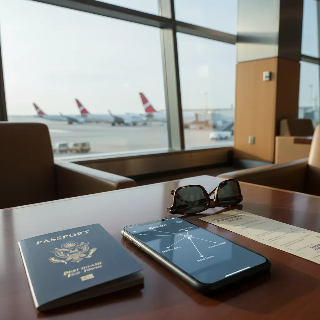 First class flight to Mexico planning scene in a premium airport terminal
