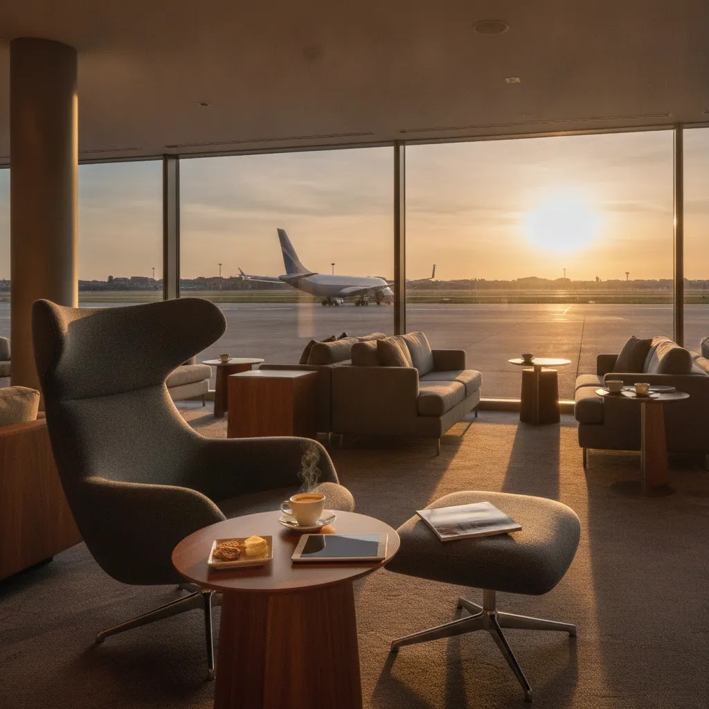 Best business class flights to Rome Italy shown through a premium airport lounge scene
