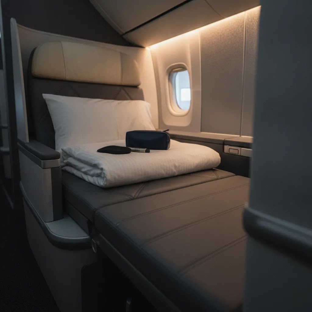 Best business class flights to Europe from USA seat detail with lie-flat bedding and premium amenities
