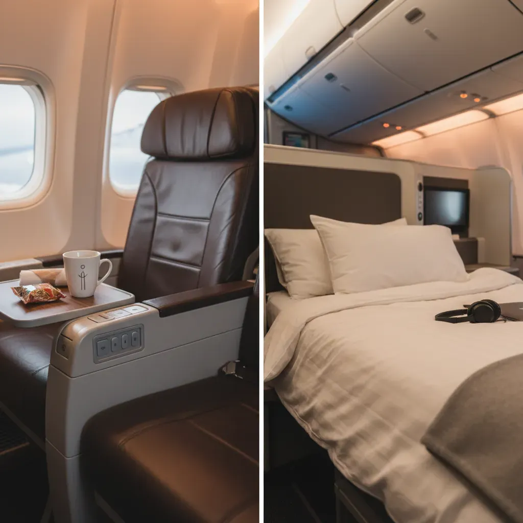 First class to Hawaii comparison showing recliner seat detail versus lie-flat premium bedding detail
