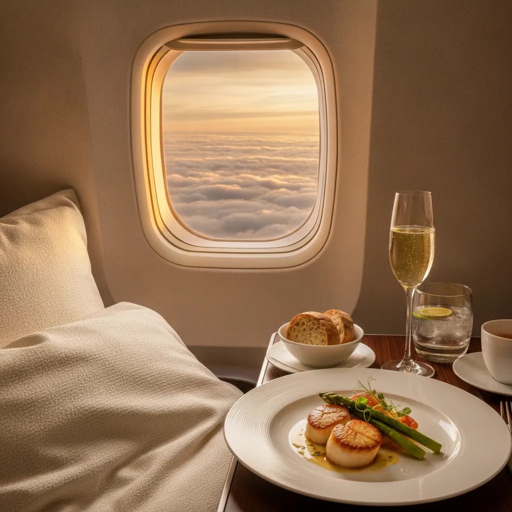 Luxury bedding, dining, and window views in a premium cabin