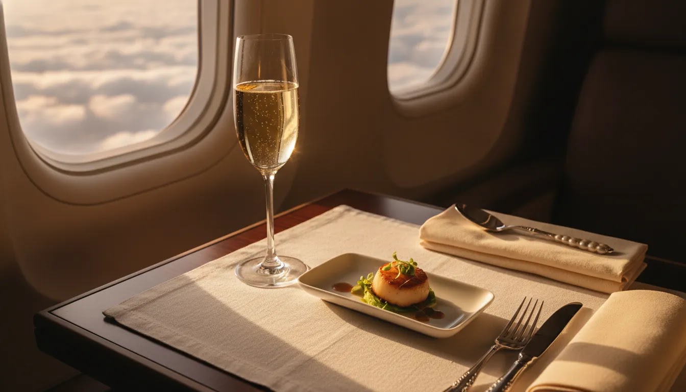 Best first class flight search illustrated with premium in-flight dining detail