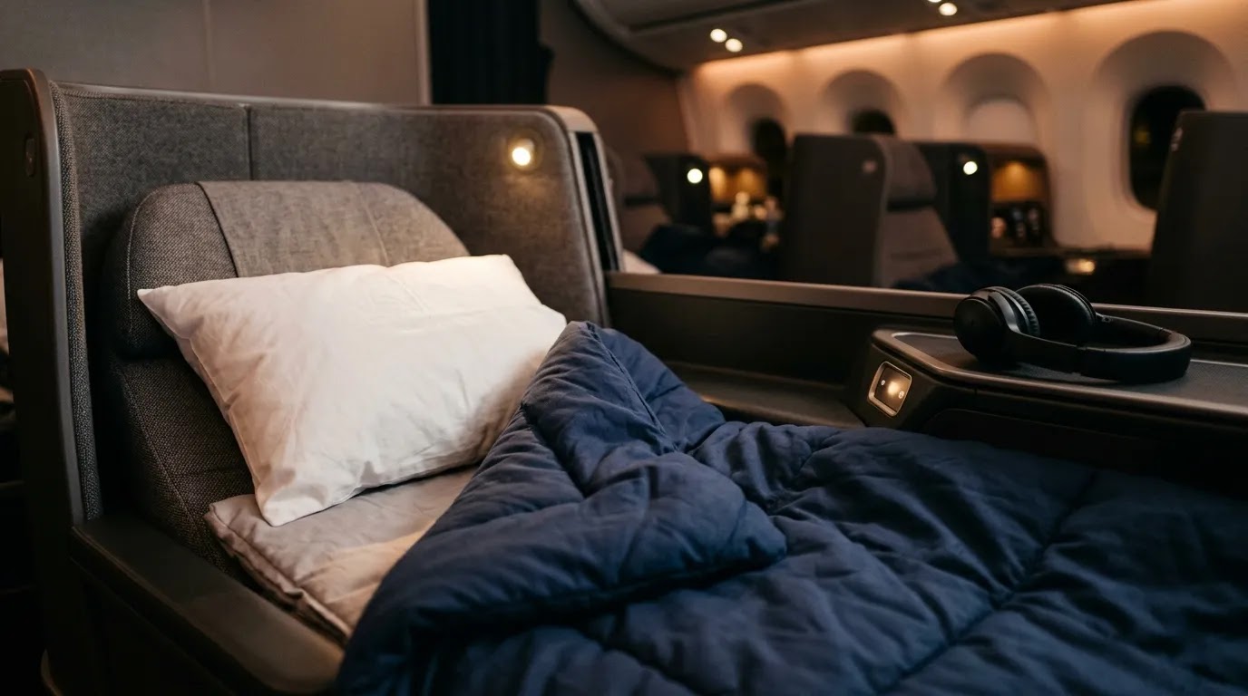 Best first class flight seats shown through premium lie-flat bedding, privacy, and overnight flight comfort