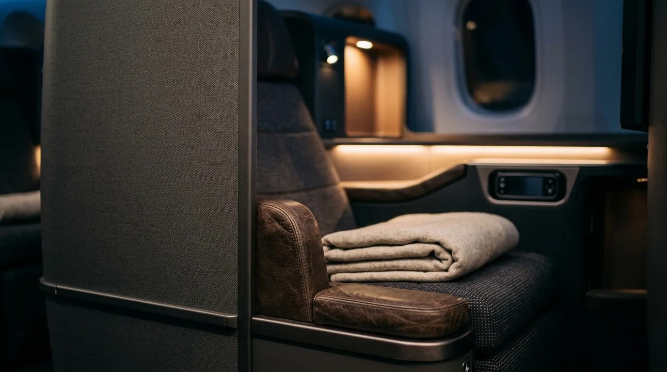Private premium cabin detail representing the best first class flight seats and suite privacy