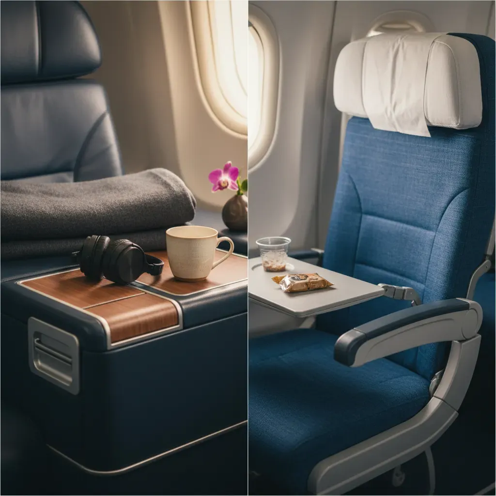 Business class to Cancun comparison showing premium seat details versus domestic style premium cabin