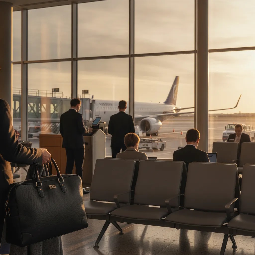 Boeing 737 first class airport boarding experience with premium domestic travel atmosphere