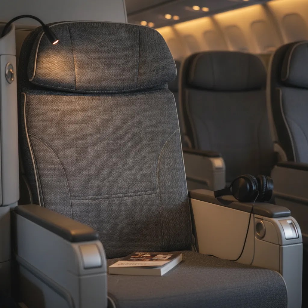 brussels airlines premium economy seat detail review showing recliner upholstery, headrest, and premium long-haul comfort