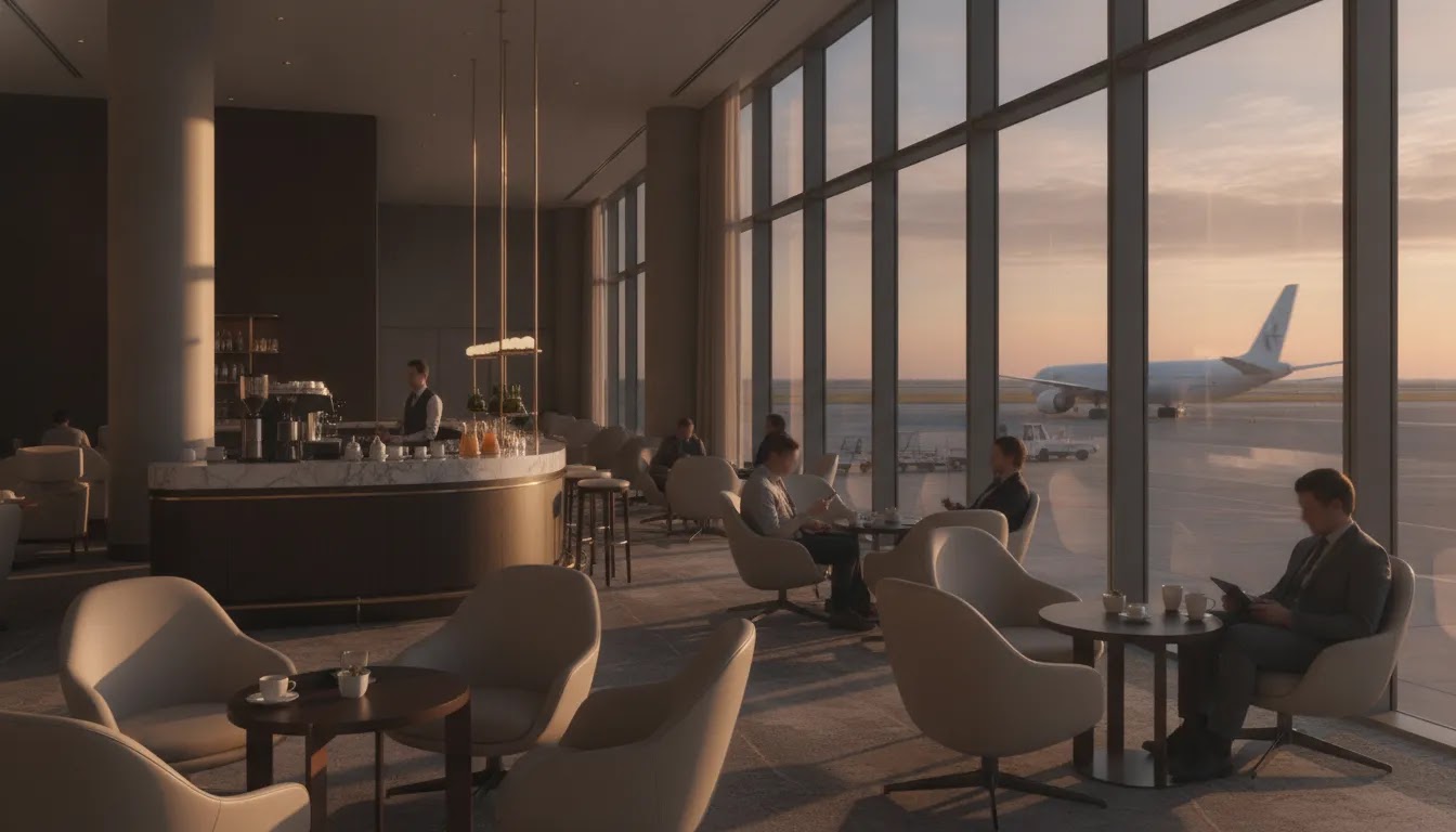 What is business class on a plane airport lounge experience with premium seating and runway view