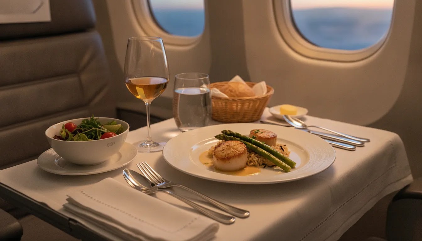Business class amenities with premium in flight dining and elegant tray table service