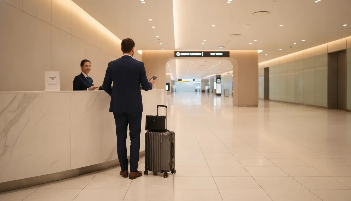 Business class benefits at airport check in with priority service and a premium terminal experience
