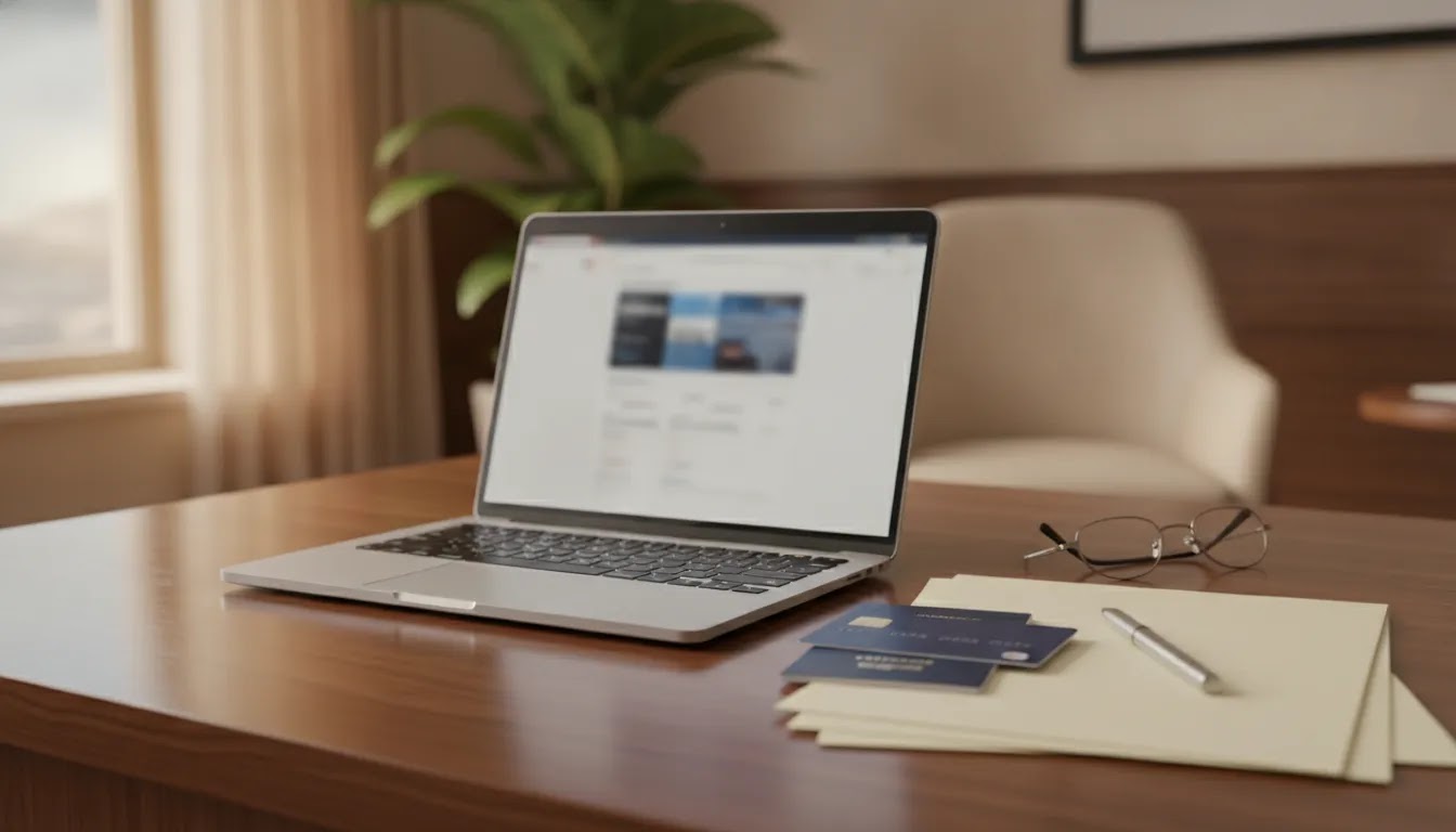 Business class consolidator booking process with premium travel planning materials