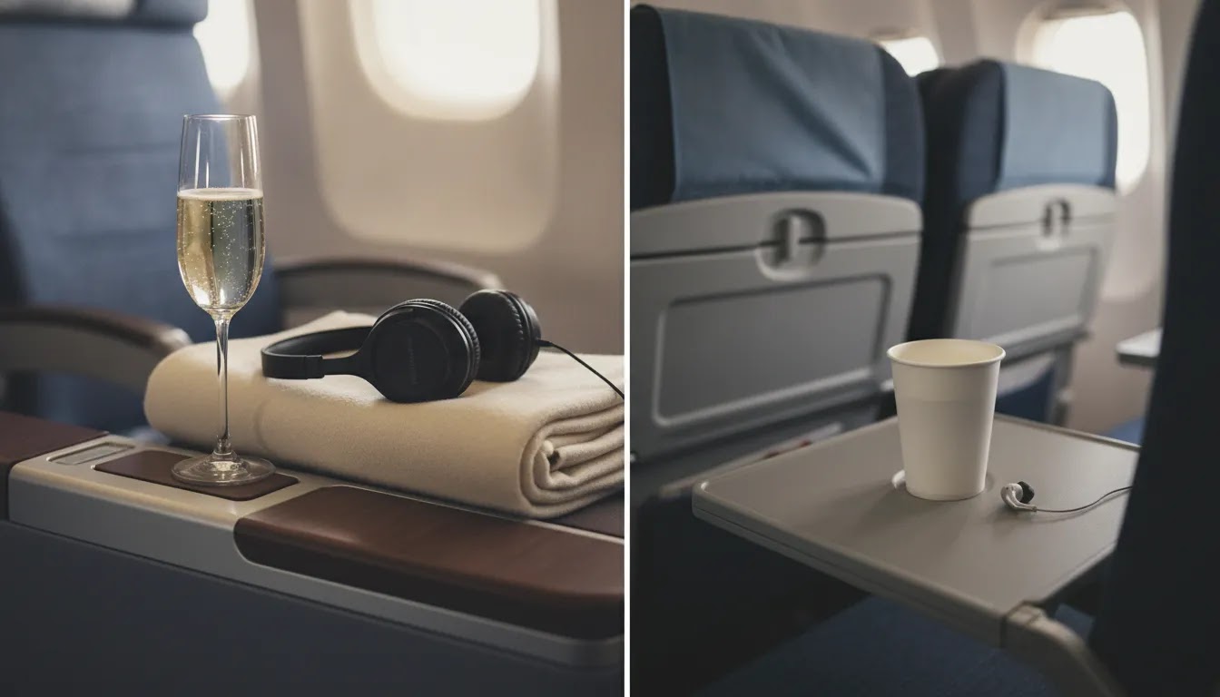 Business class consolidators comparison showing premium and standard in-flight travel details
