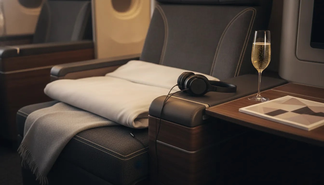 Find business class flights with points illustrated by premium cabin detail and amenities